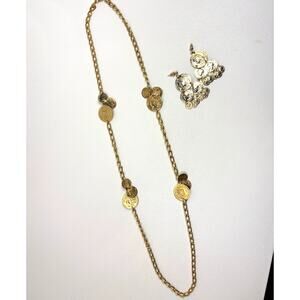 VTG Gold Tone French Coin Necklace & Pierced Earrings Set Boho